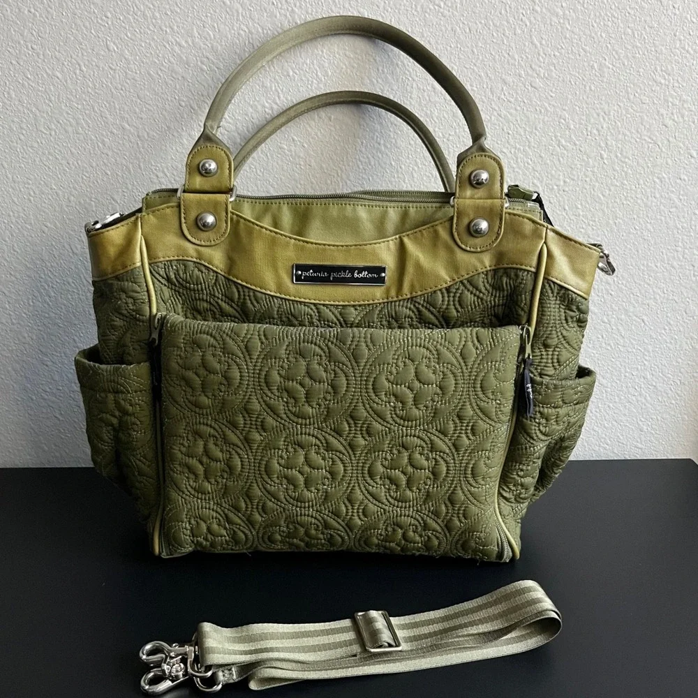 Petunia Pickle Bottom City Carryall Quilted Diaper Bag Olive Tote Crossbody Luxe